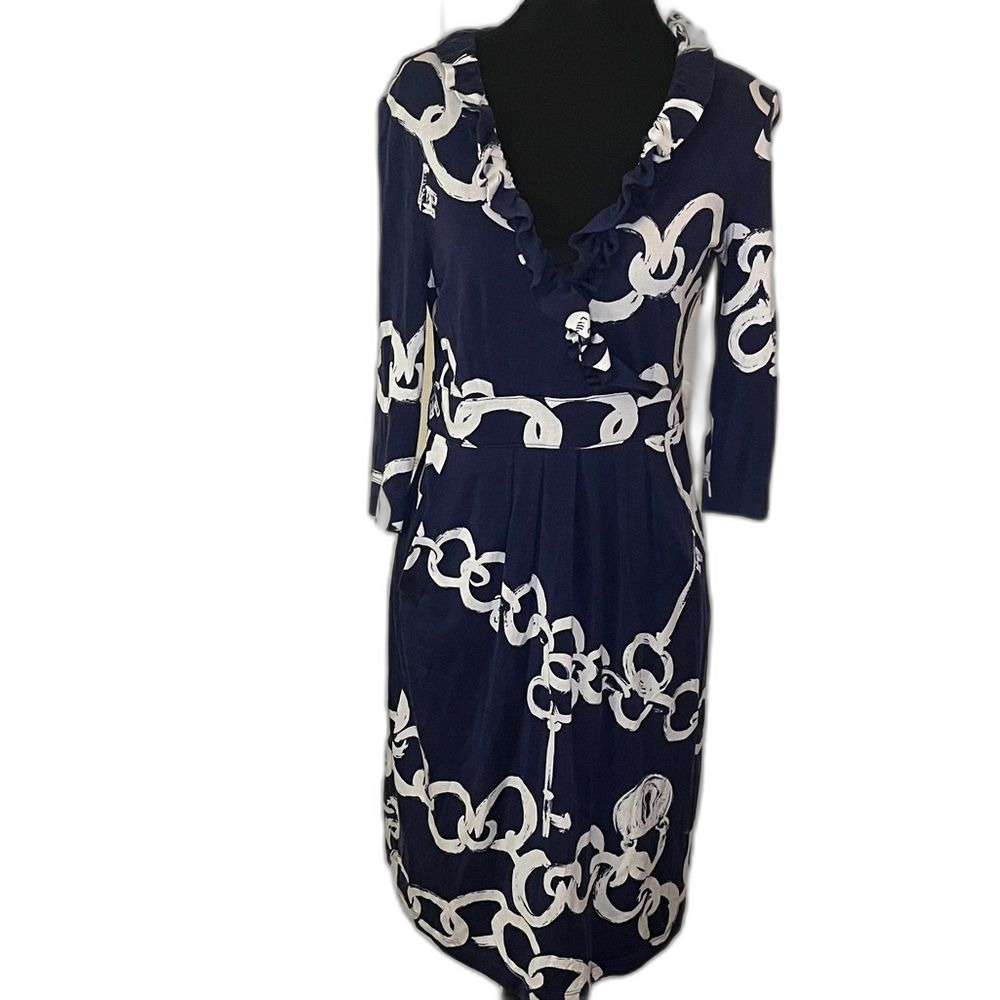 Lilly Pulitzer Blayney Navy White Chain Faux Wrap Dress Silk Blend Pockets XS